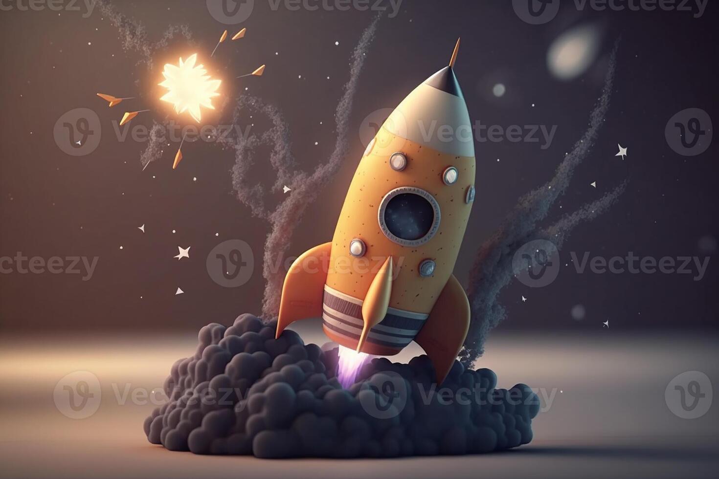 Cartoon pencil rocket launching on dark background. Concept of startup business taking off or explore infinite knowledge. . photo