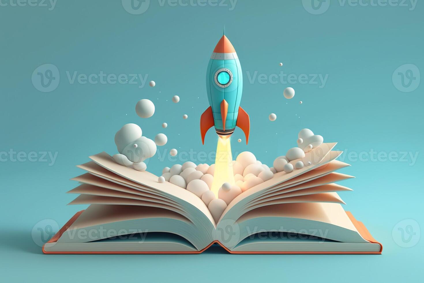 Cartoon style rocket launching from an open book on light blue background, front view. Concept of startup business idea taking off. photo