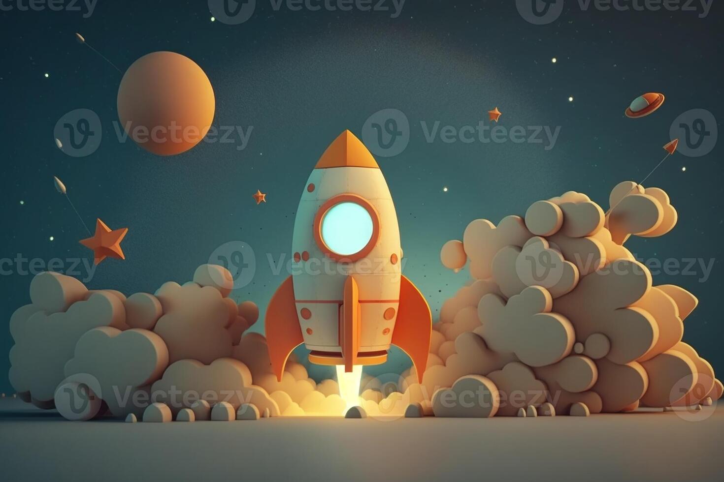Cartoon style rocket taking off on galaxy background with stars spaceship and meteor, front view. Concept of startup business, or fantastic imagination. photo