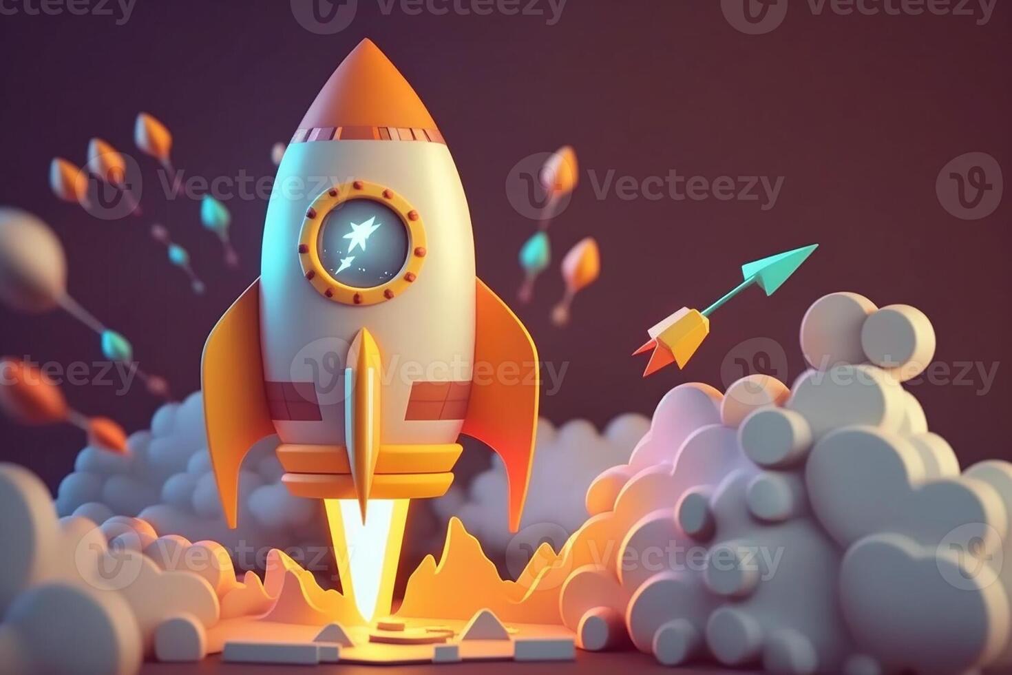 Rocket launching together with arrows and missiles . Concept of startup business taking off. . photo