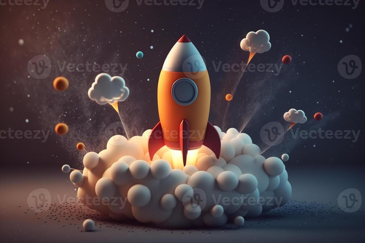 Cartoon pencil rocket launching on dark background with cloud and sphere around. Concept of startup business taking off or explore the infinite world. . photo