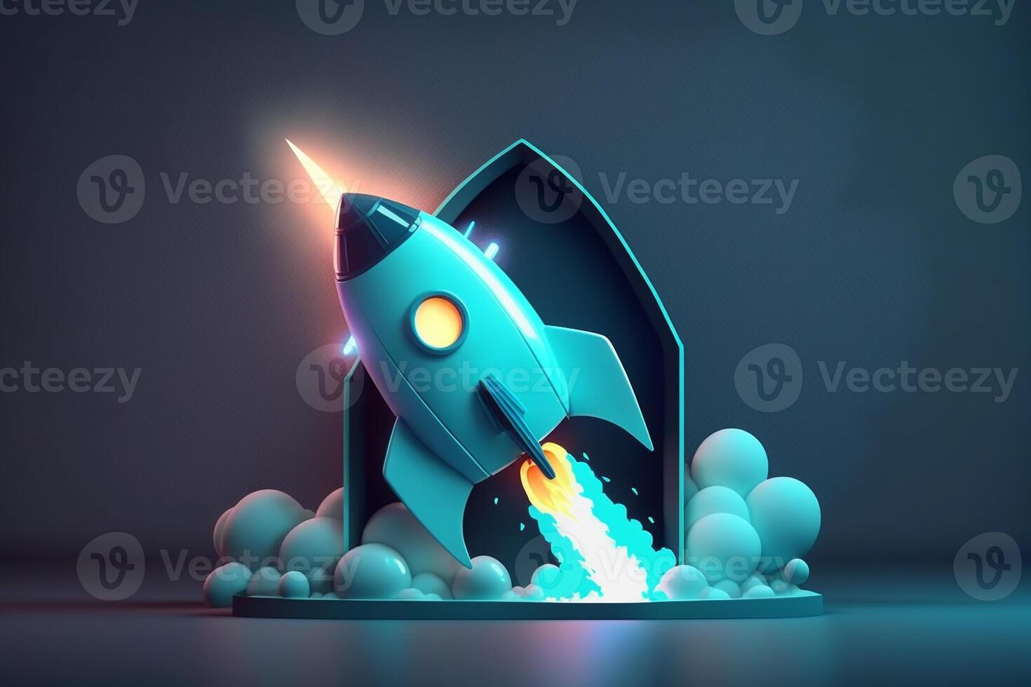 Cartoon rocket launching in diagonal from arch door on dark background. Concept of startup business taking off. . photo