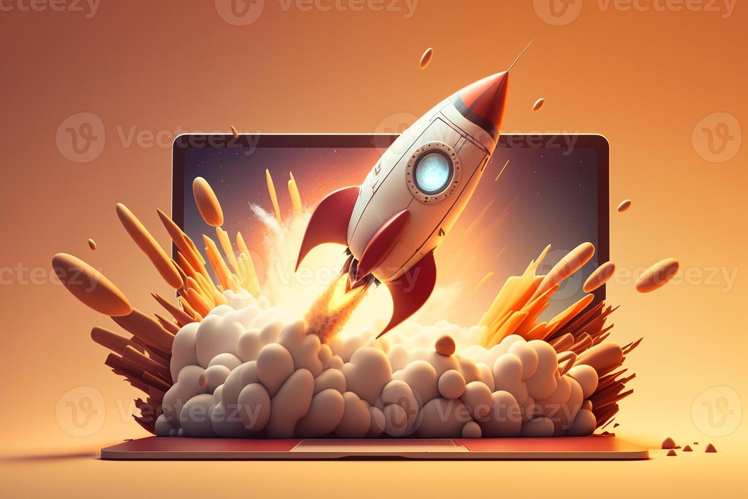 Rocket taking off from laptop with explosive effect on orange bakground. Concept of start up business launching into success. photo