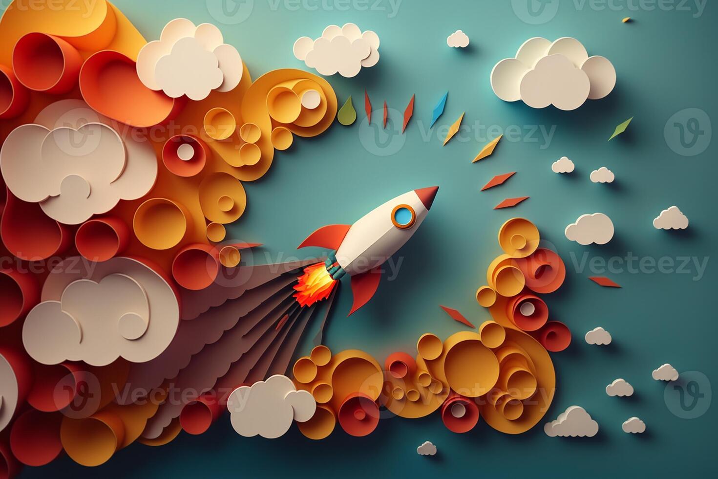 Rocket launching into sky in quiling paper style. Concept of startup business taking off. . photo