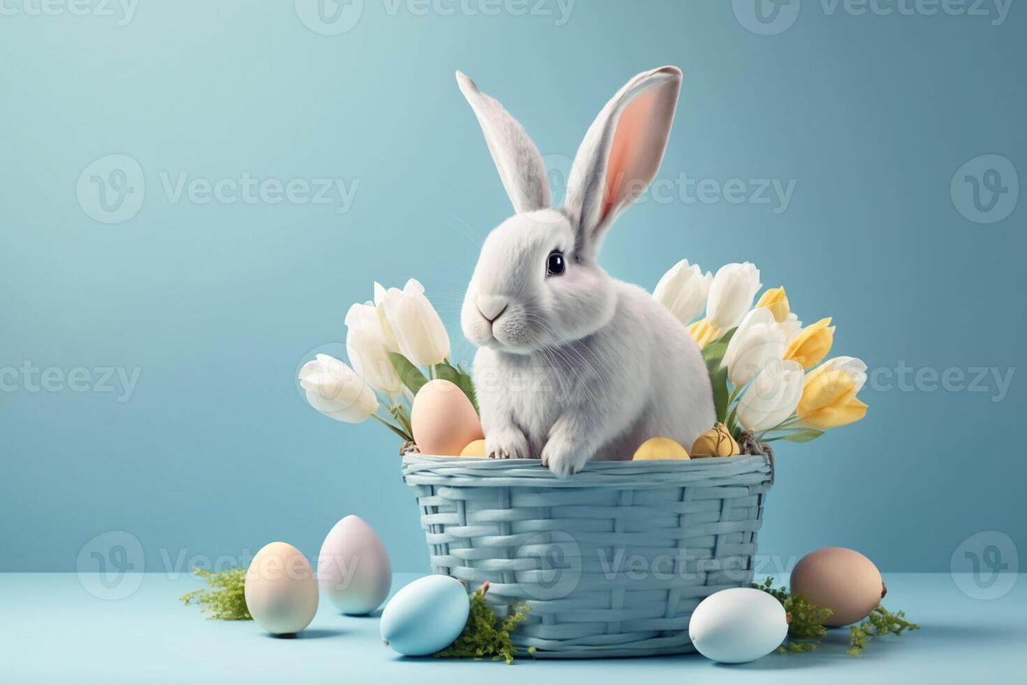 Rabbit in Easter basket with tulip on light blue background. . photo