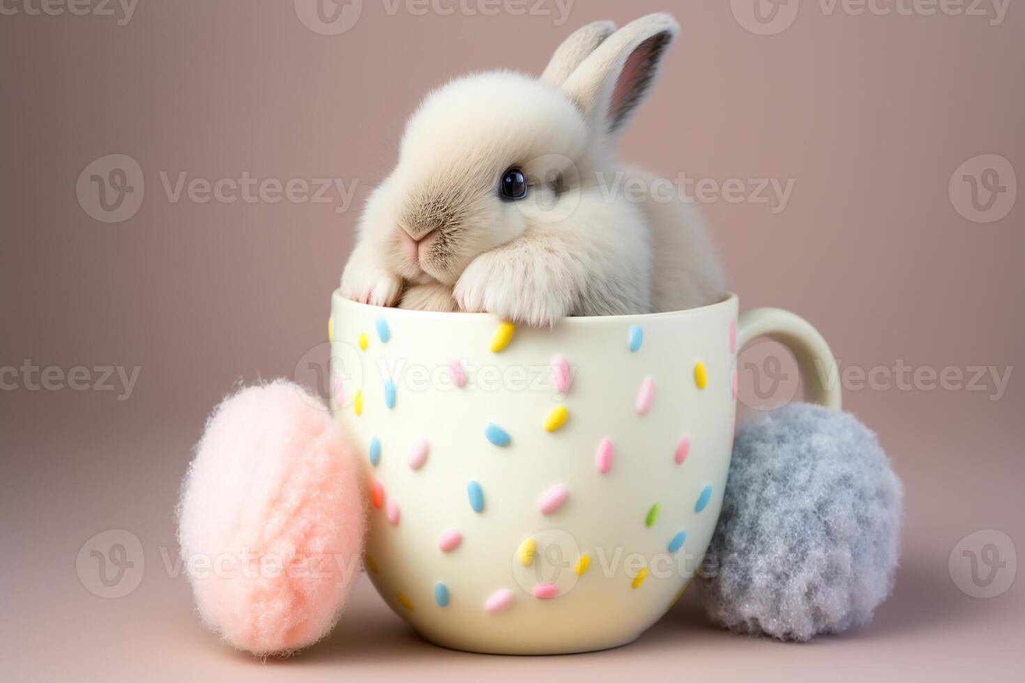 adorable conejito en taza y mullido pom pom decoración. generativo ai. foto