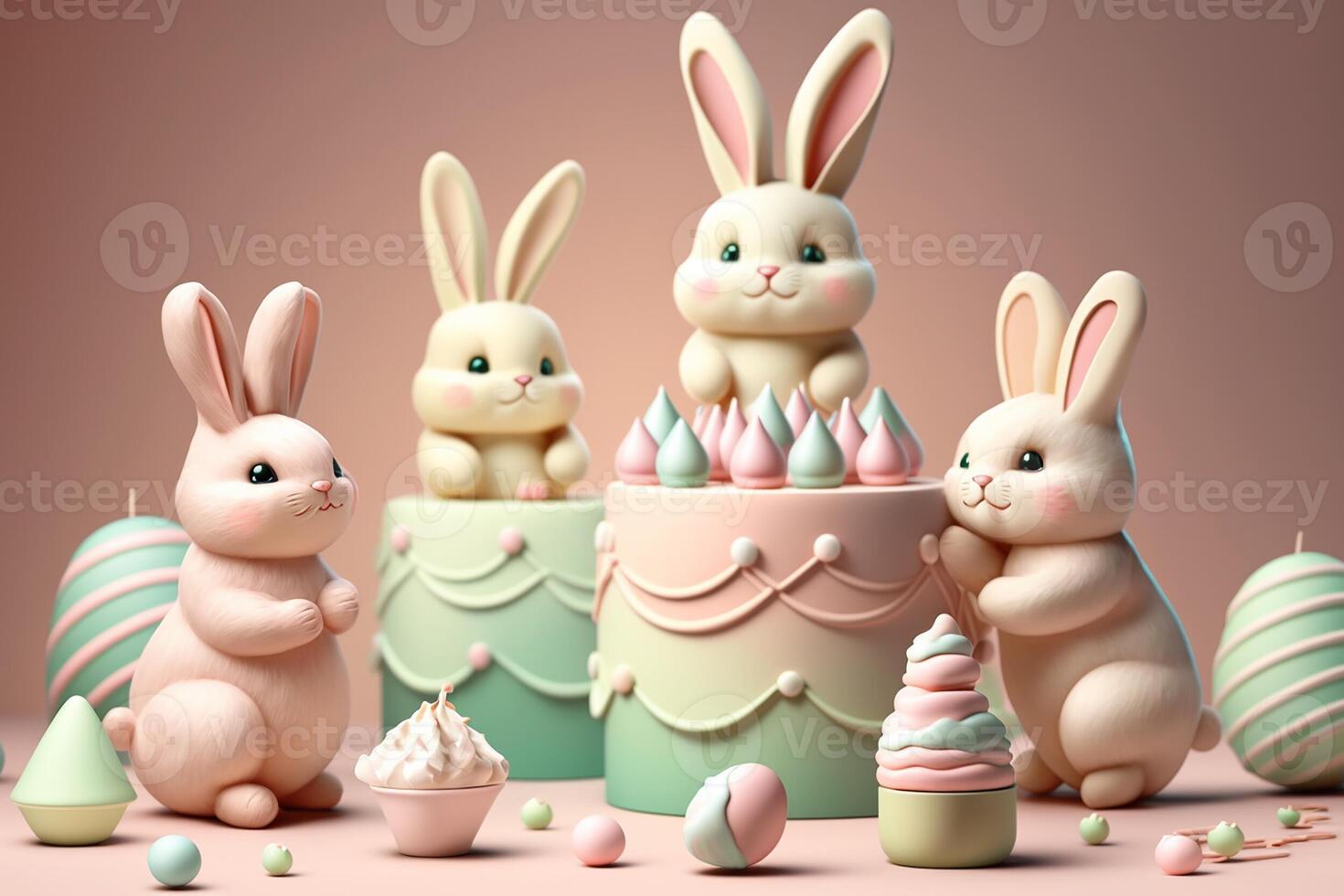 3D rendering cute bunnies with cakes and desserts. . photo