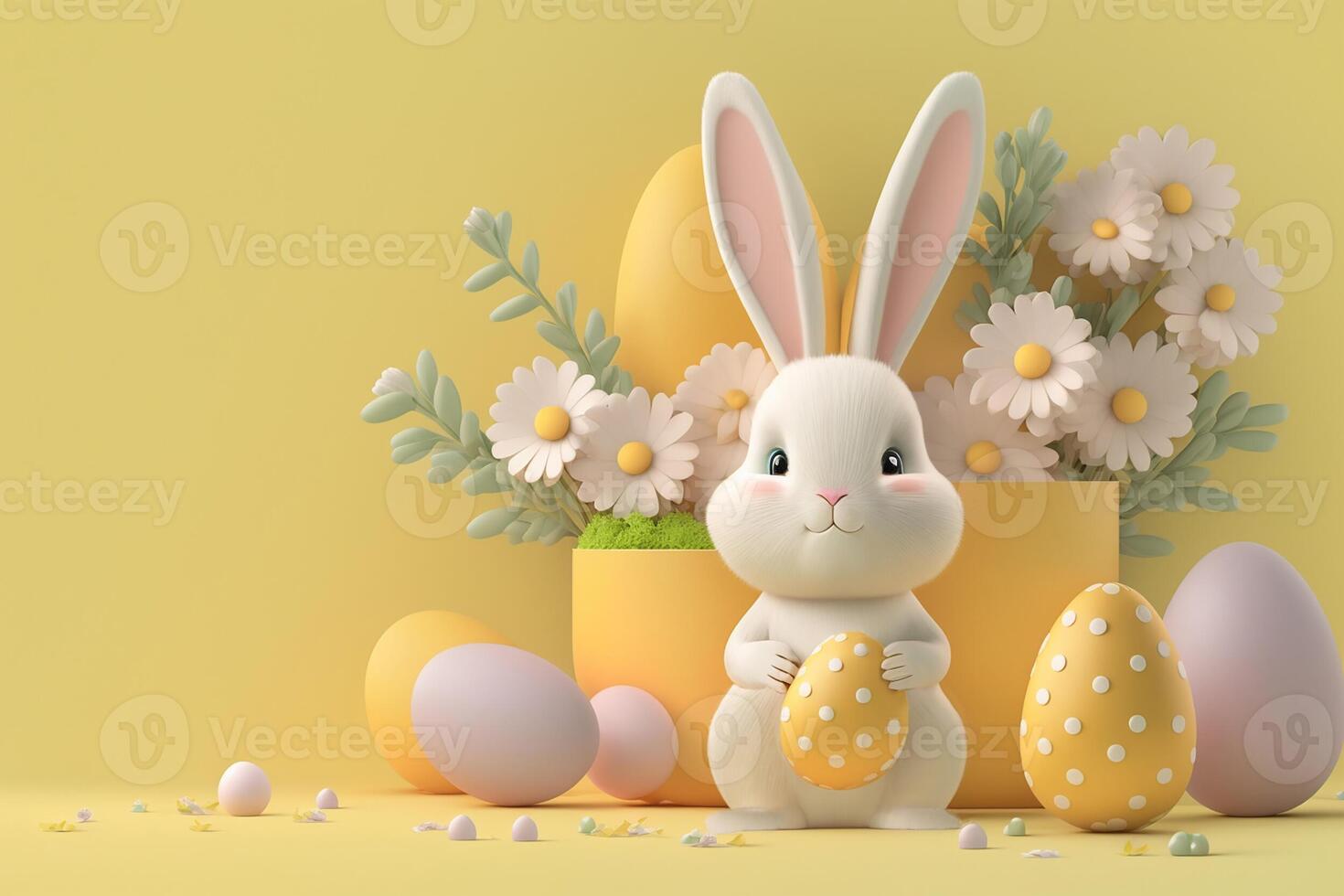 Adorable rabbit holding Easter egg with daisy plant behind on yellow background. . photo