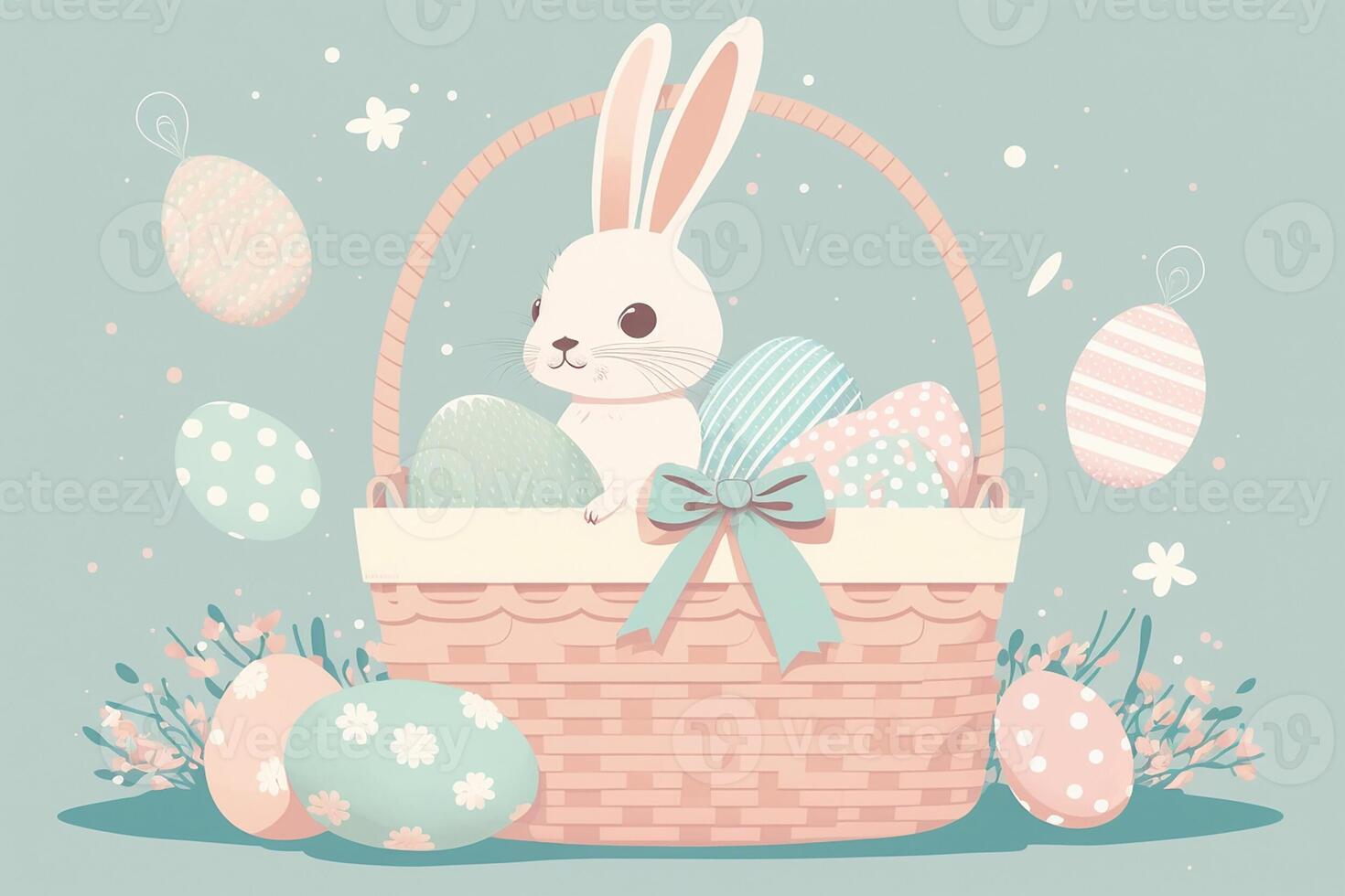 Illustrated rabbit in Easter basket with ribbon. . photo