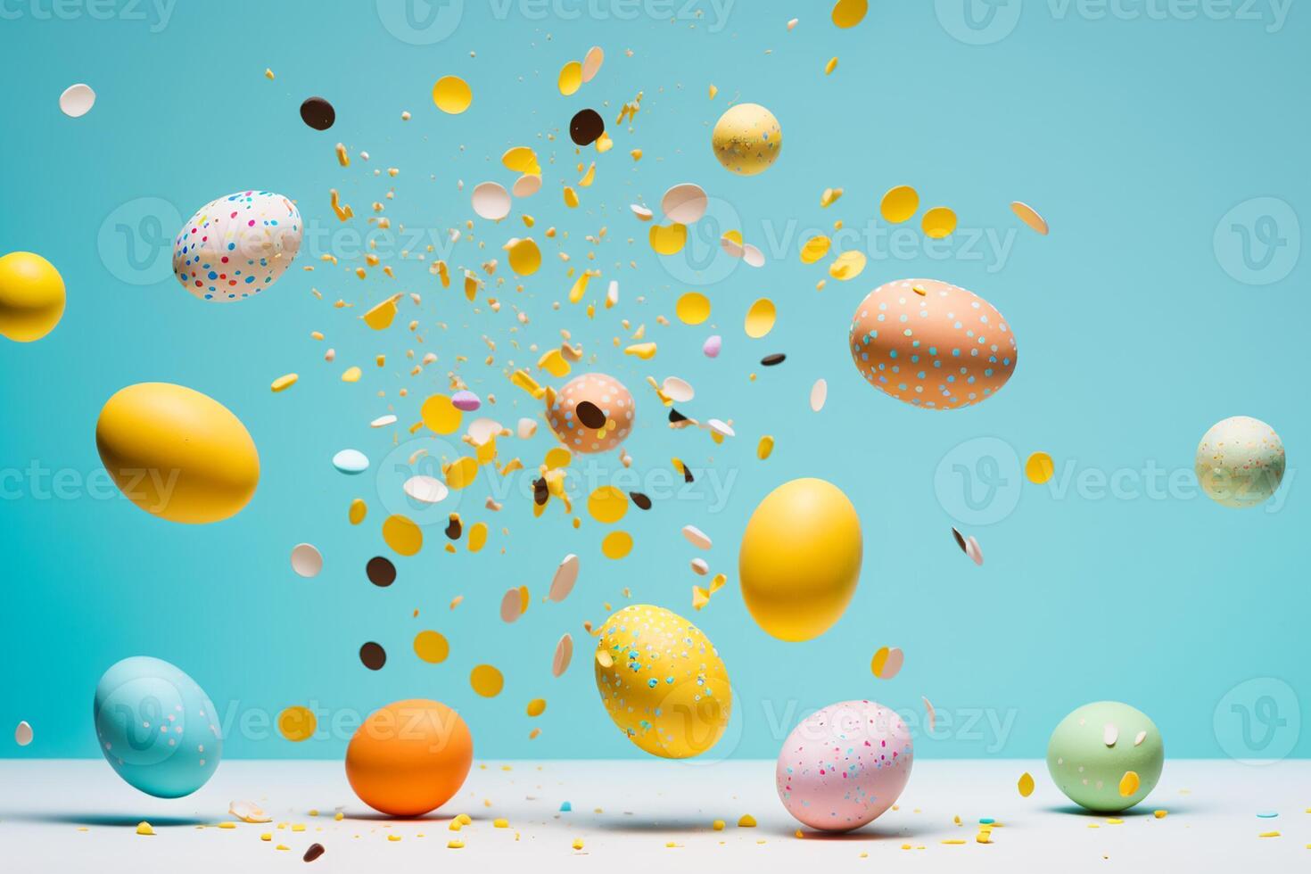 Painted eggs and round confetti flying on light blue background. . photo