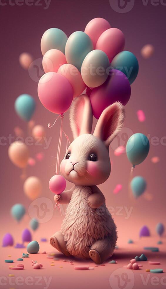 Precious rabbit holding balloons on gloomy pink background with flying balloons behind. . photo