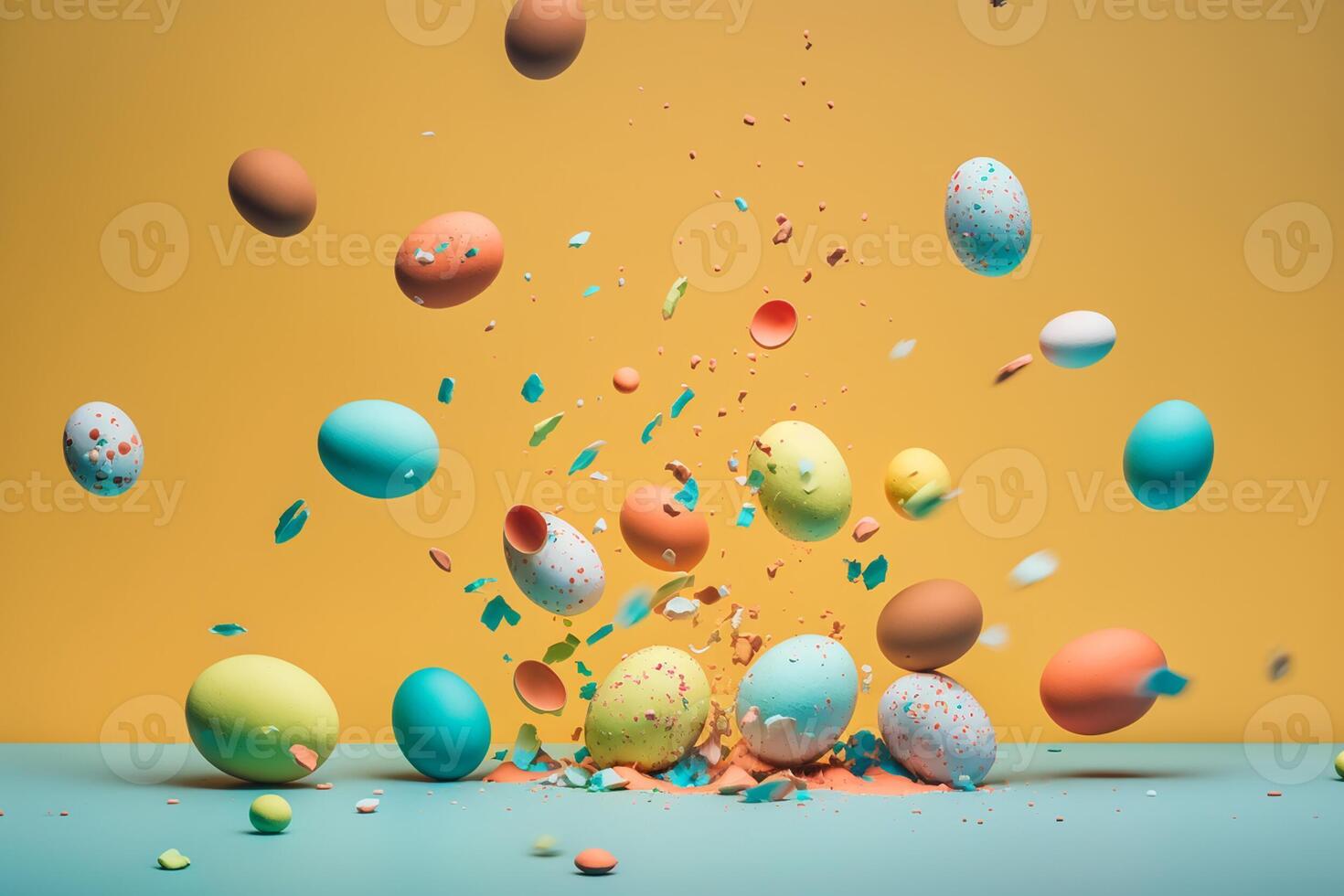 Painted egg falling on to light blue ground with colorful fragment splashing in air on yellow background. . photo