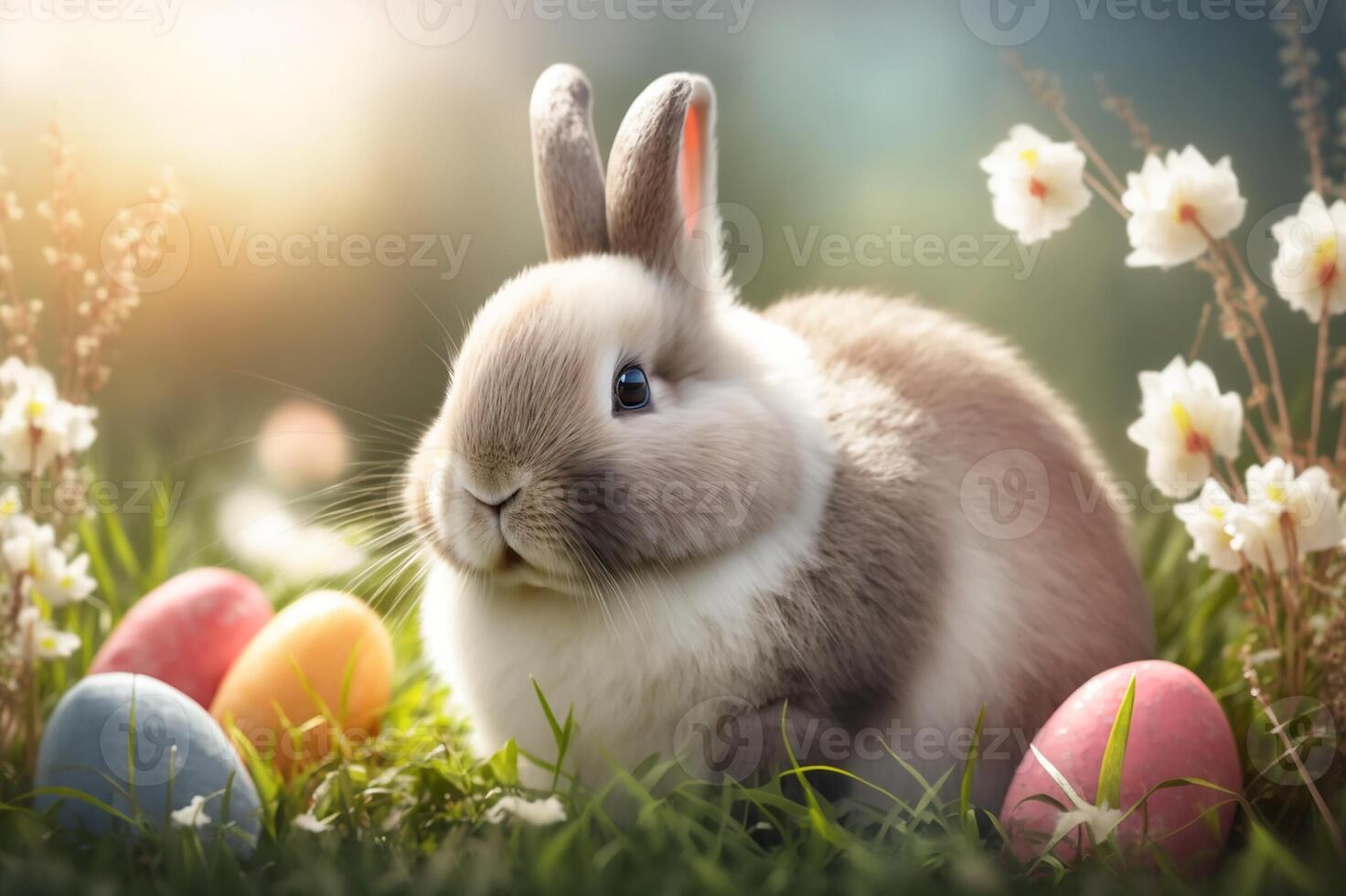 Bunny with Easter eggs on meadow with flowers. . photo