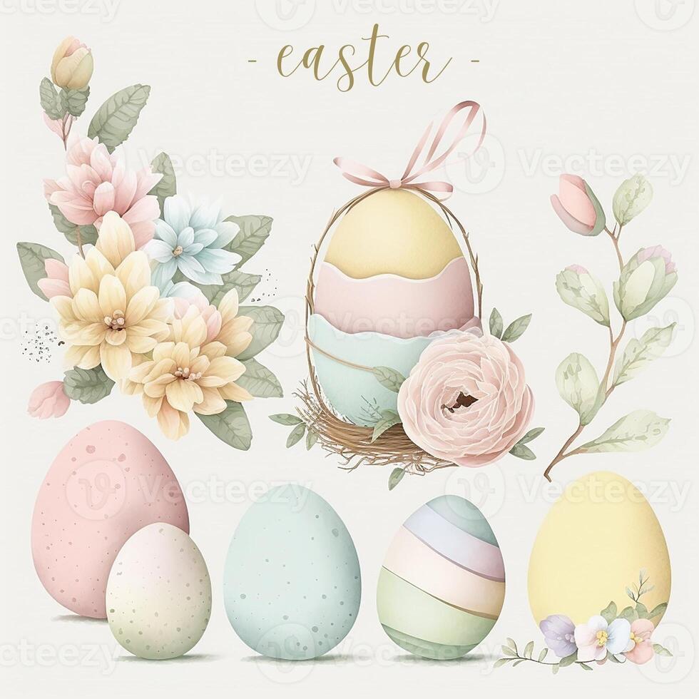 Illustration of pastel color Easter eggs and floral design element. Generative AI. photo