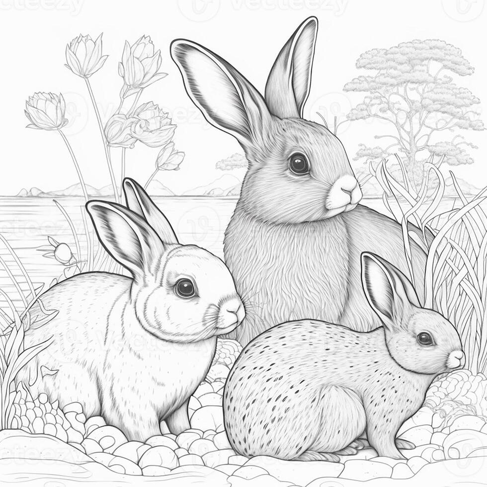 Illustration of rabbits in nature in line style. . photo