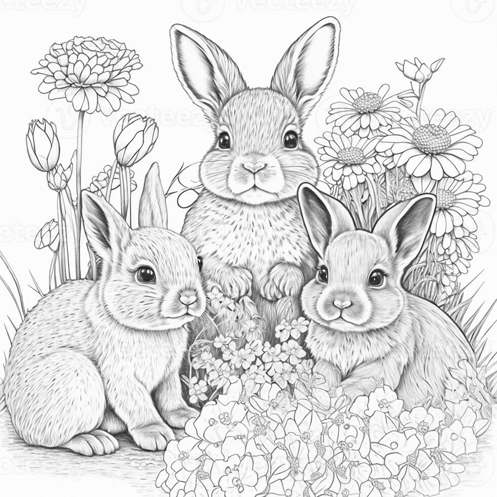 Adorable bunnies in flower bushes. photo