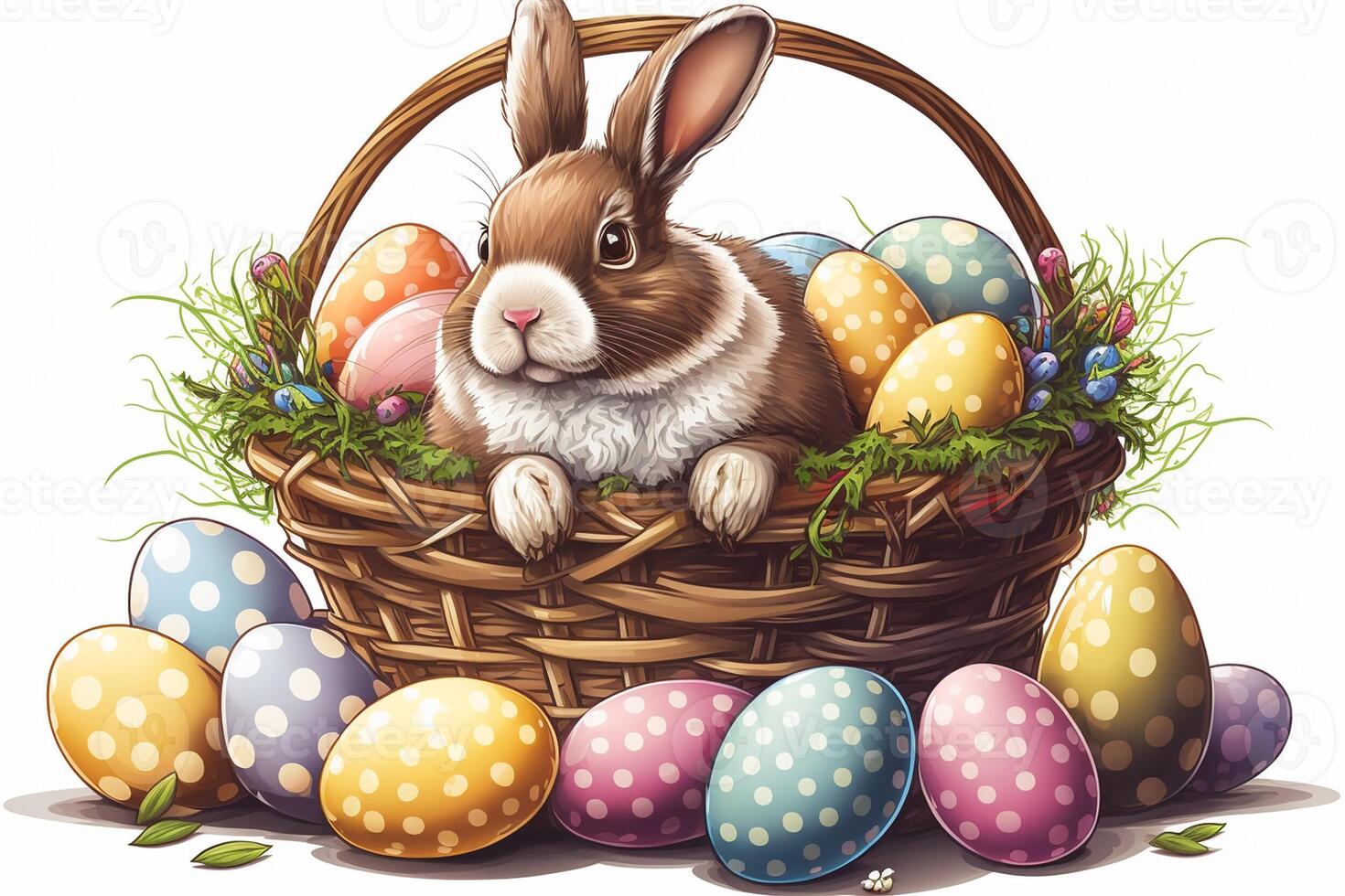 Illustration of rabbit in basket filled with Easter eggs. . photo