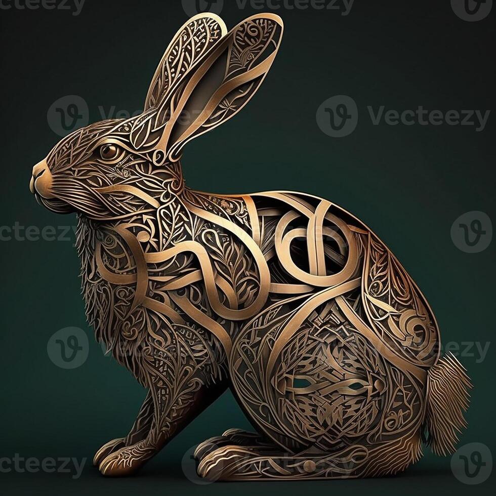 Intricate bronze rabbit on dark green background. . photo