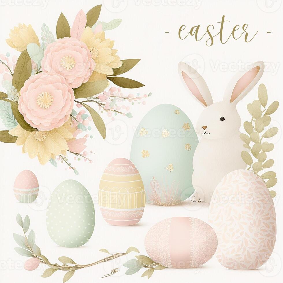 Easter greeting card with white rabbit, painted eggs and floral decoration on white background. . photo