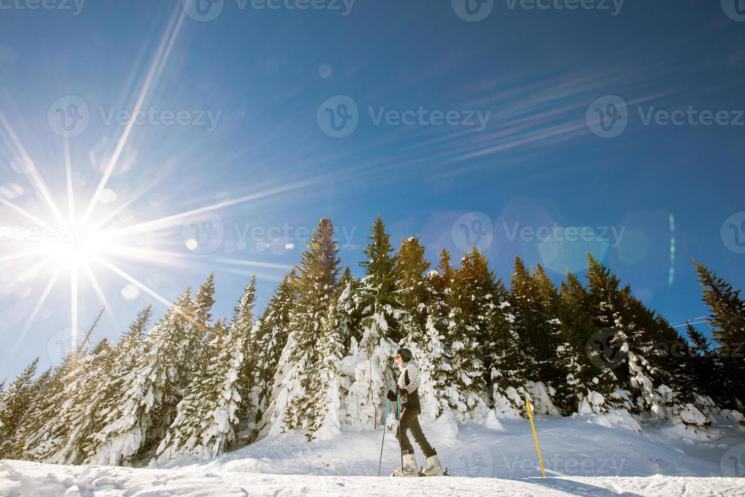 joven mujer a invierno esquiar dicha, un soleado día aventuras foto