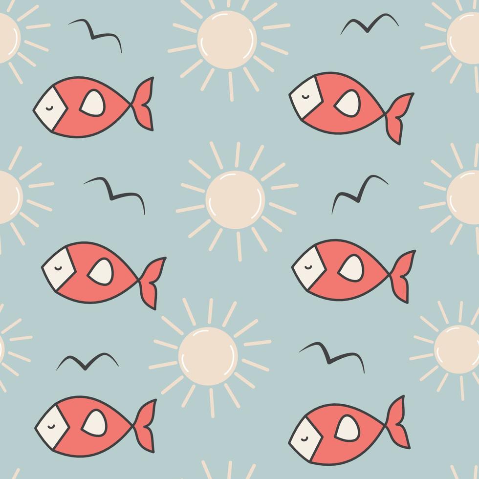 cute cartoon abstract red fish seamless vector pattern background illustration with sun and birds silhouette