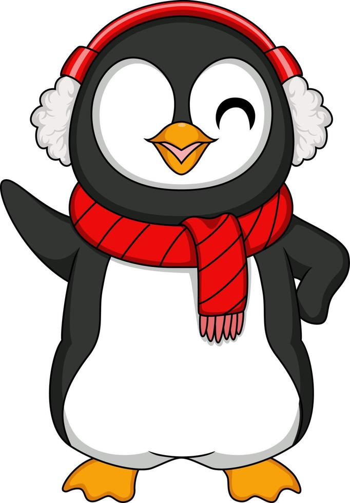 linda pingüino dibujos animados con orejeras y bufanda vector