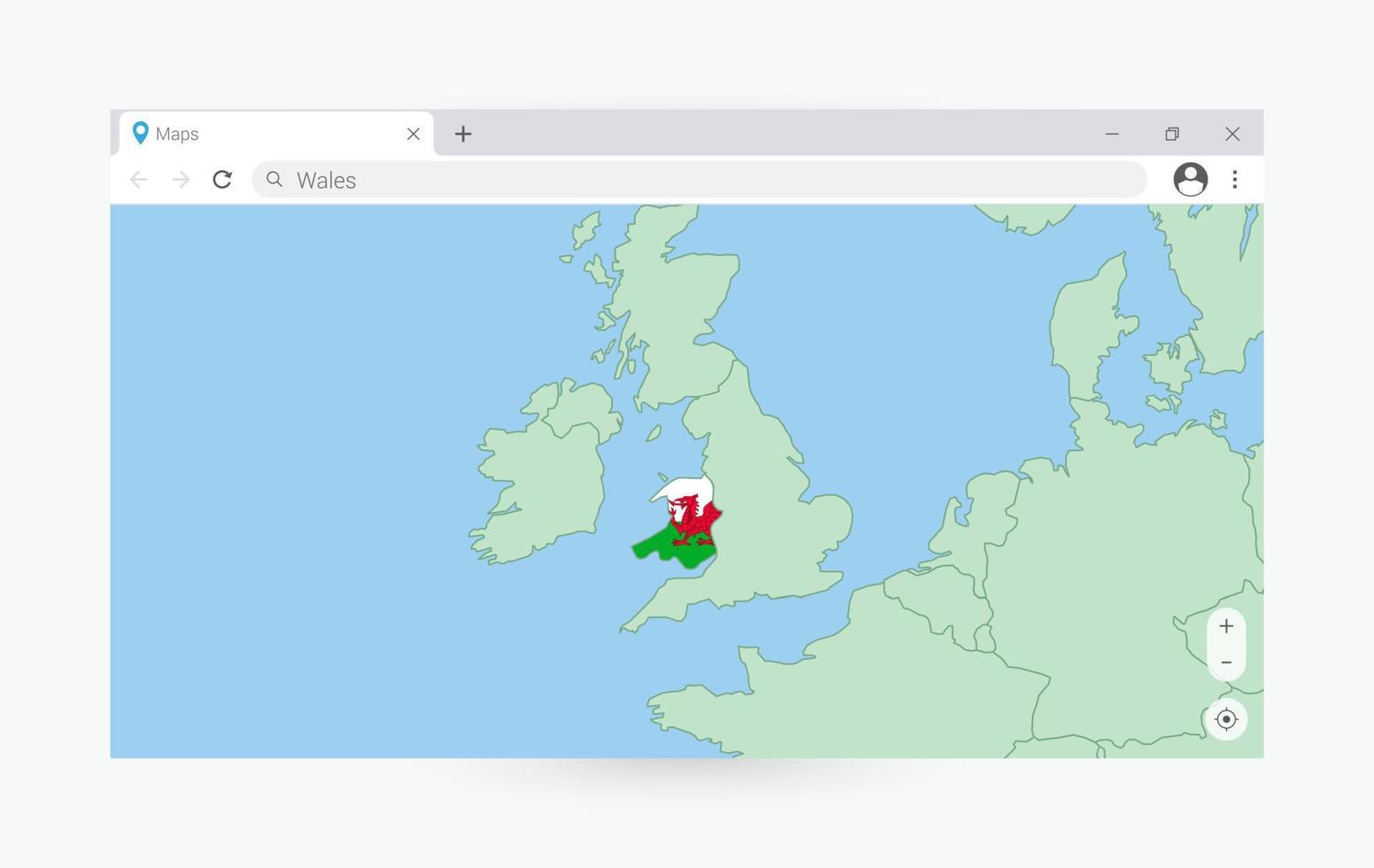 Browser window with map of Wales, searching  Wales in internet. vector