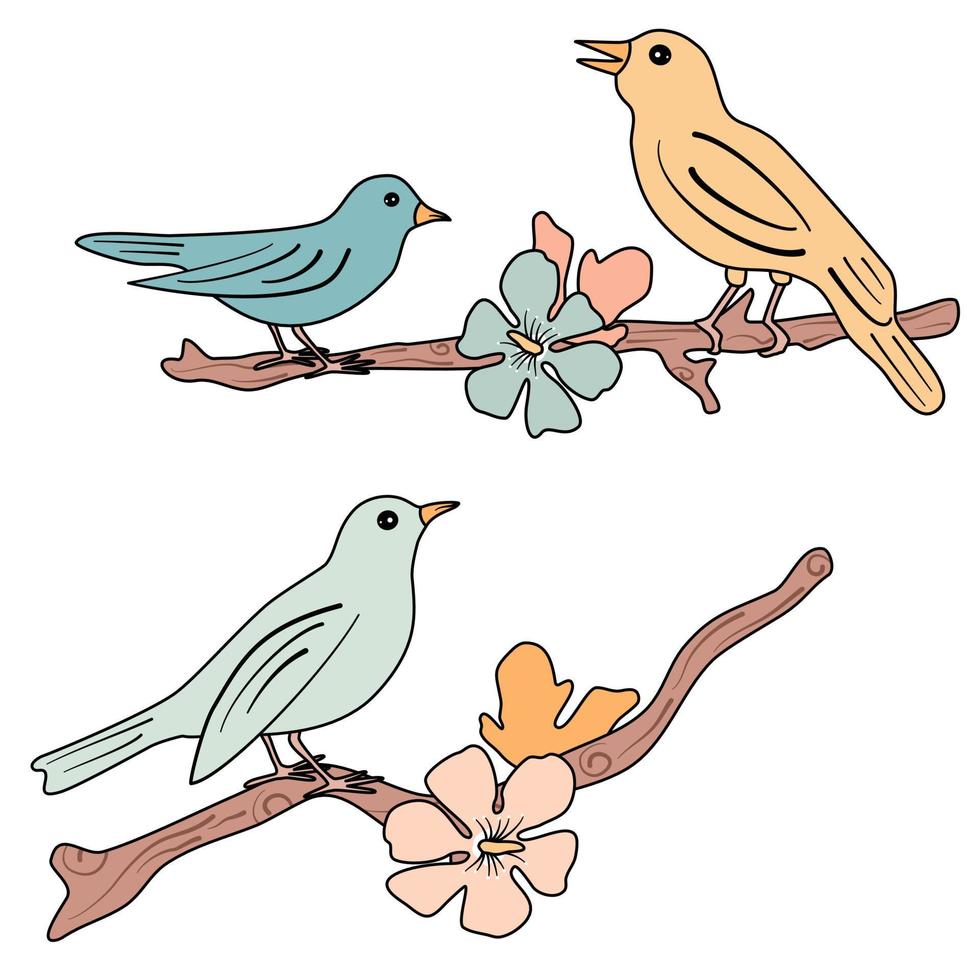 linda dibujos animados pastel aves sentado en ramas con hermosa primavera flores vector conjunto ilustración aislado en blanco antecedentes