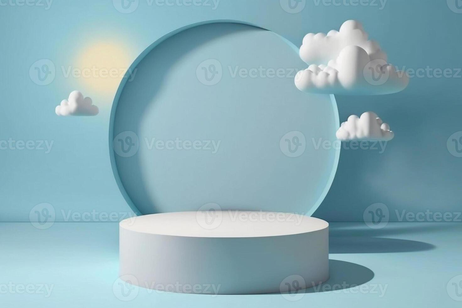 Abstract display podium with cartoon cloud floating on baby blue background. . photo