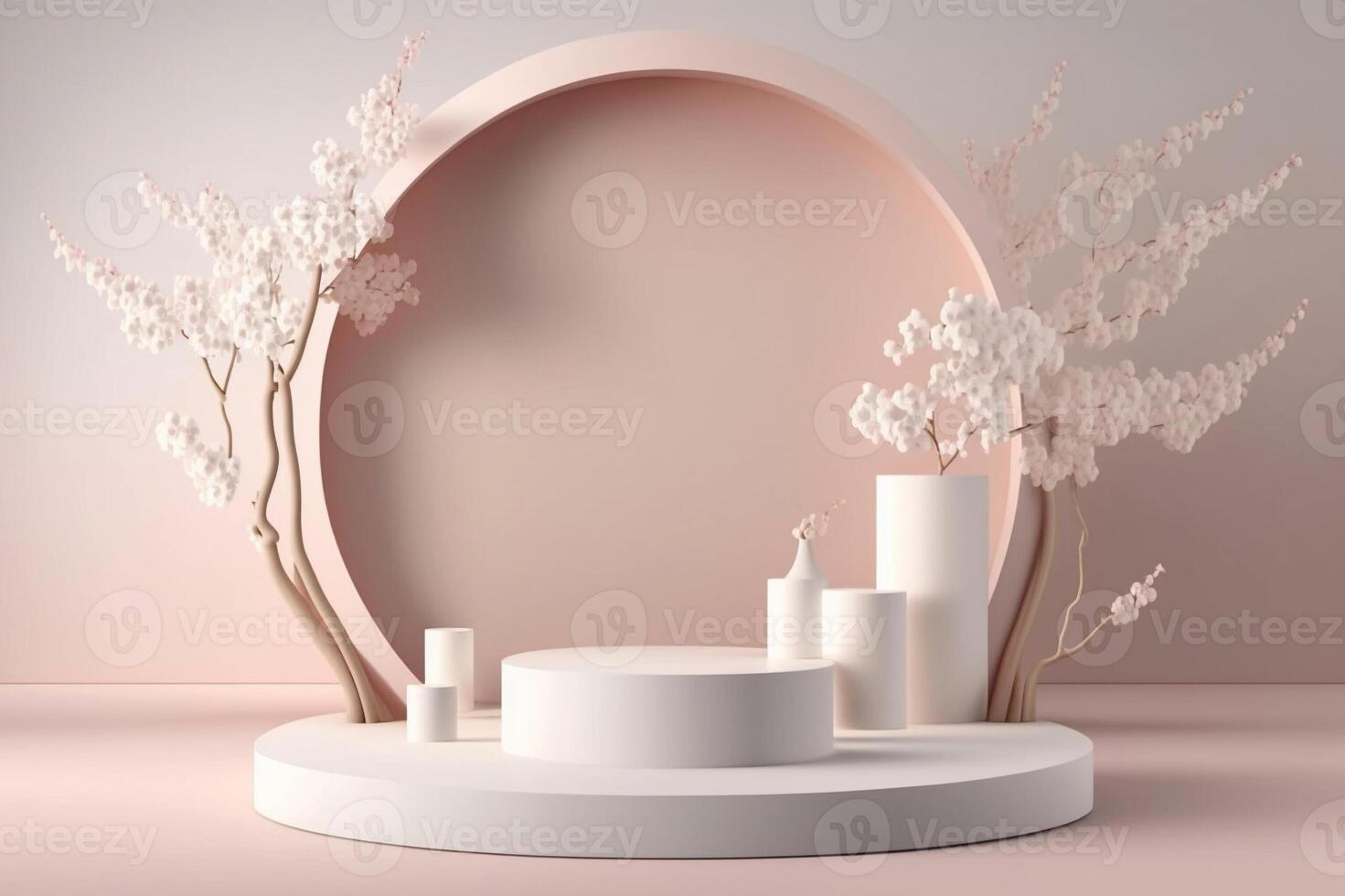 Illustration of pastel display podium with cylinder decorations and floral tree. Background template. . photo