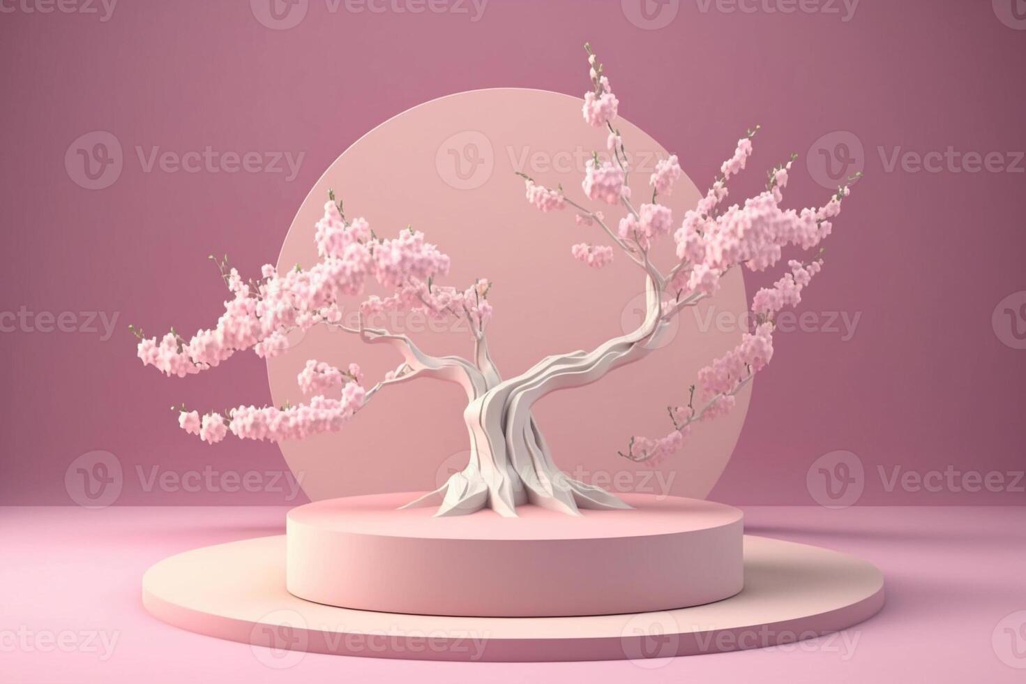 Illustration of pink floral tree on pastel display podium. Background template. . photo