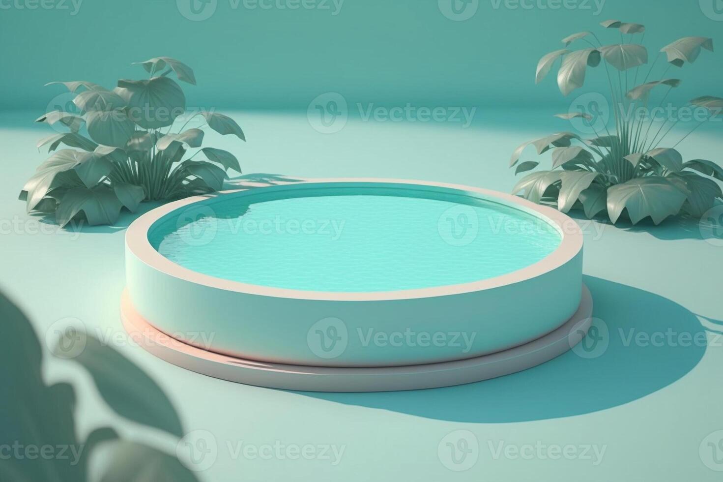 Illustration of aqua color background template with round pool and plant decoration. . photo