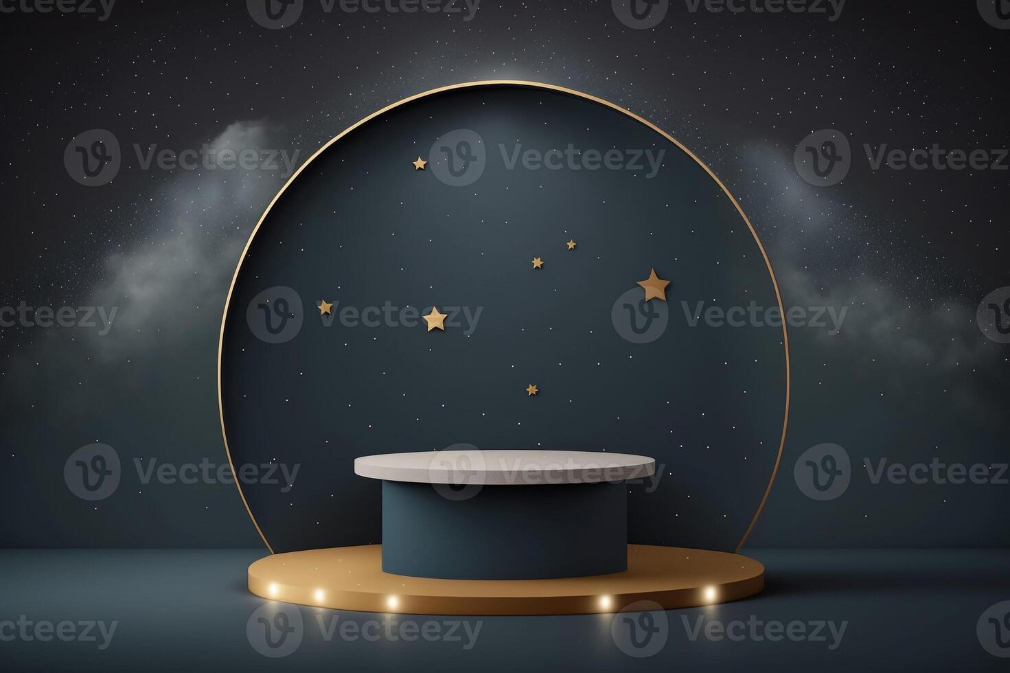 Illustration of golden podium with a starry sky background template. . photo