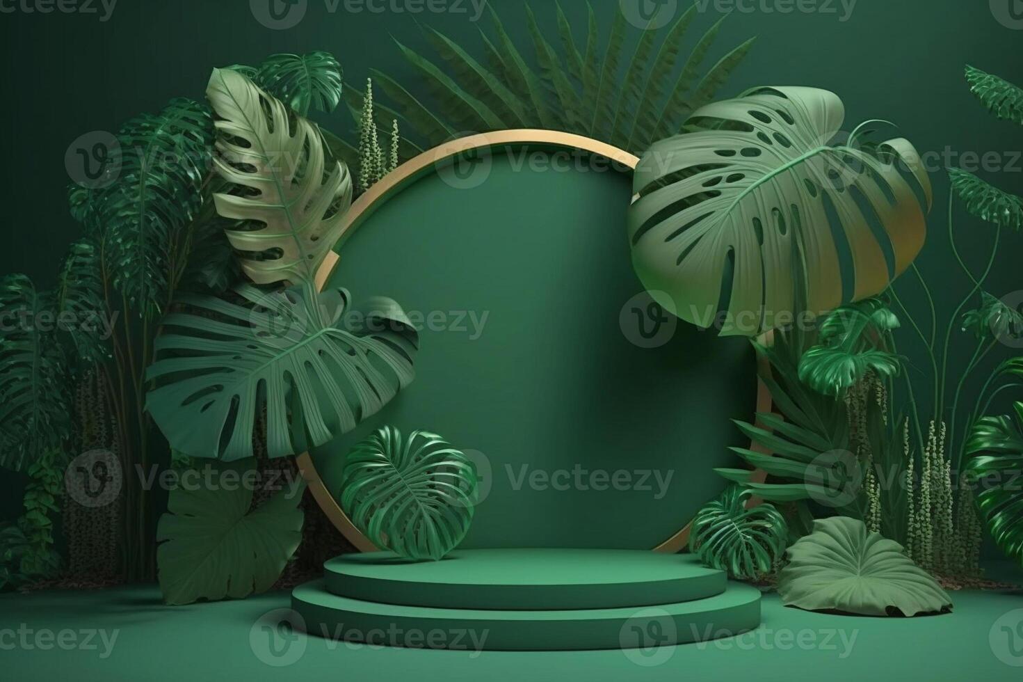 Green display podium with golden round arch and tropical plants decoration on green background. . photo