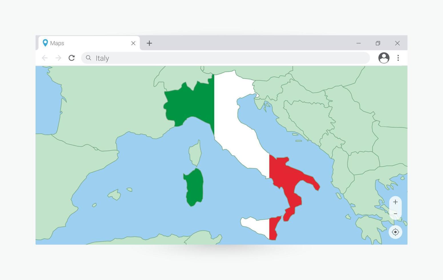 navegador ventana con mapa de Italia, buscando Italia en Internet. vector