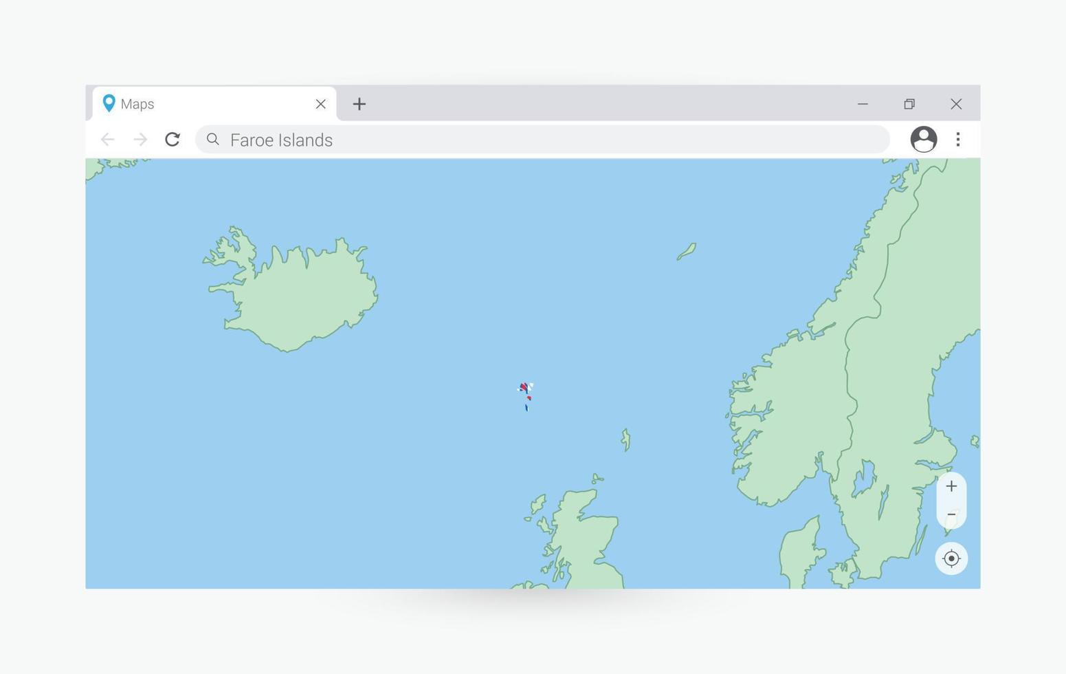 Browser window with map of Faroe Islands, searching  Faroe Islands in internet. vector