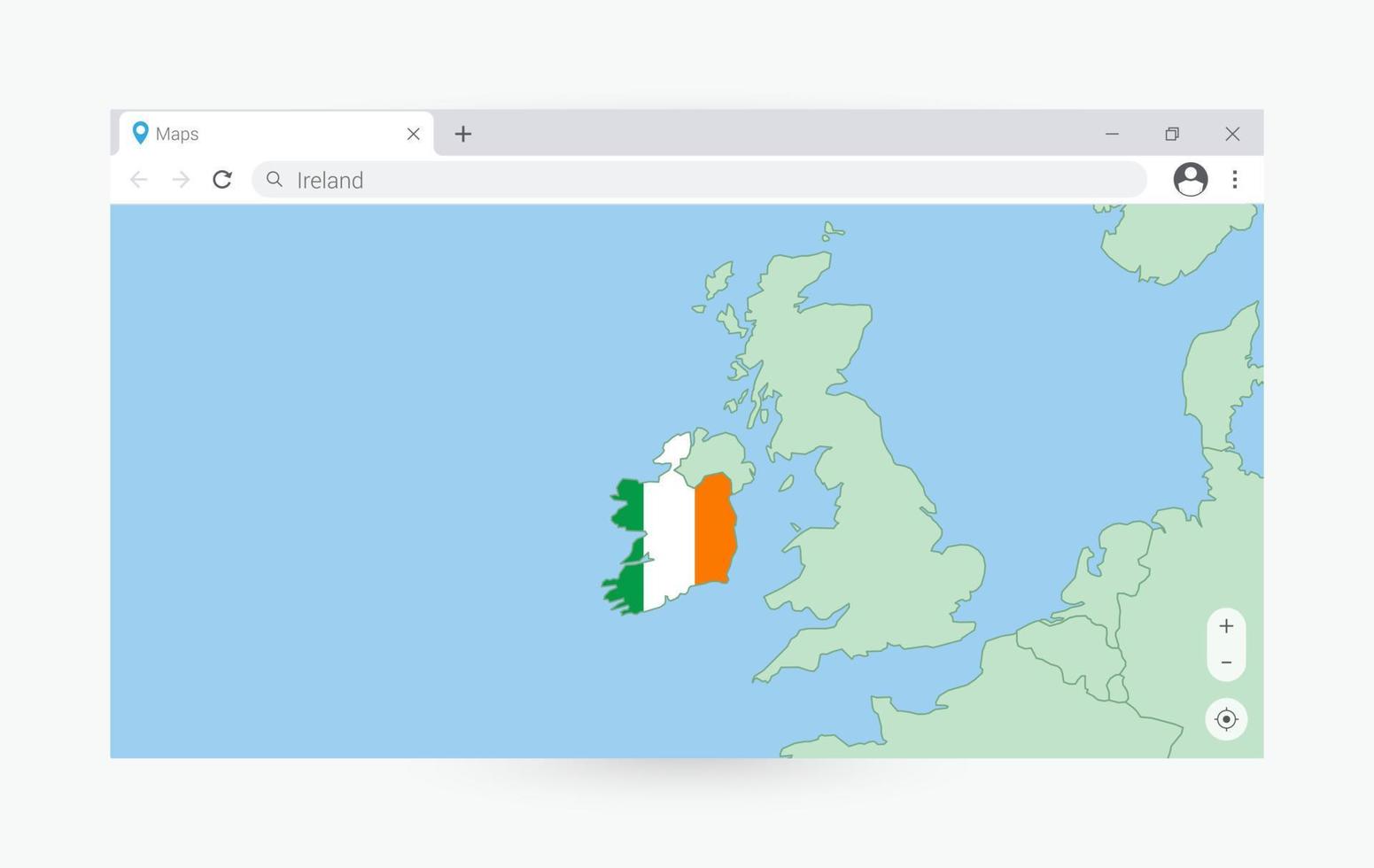 Browser window with map of Ireland, searching  Ireland in internet. vector