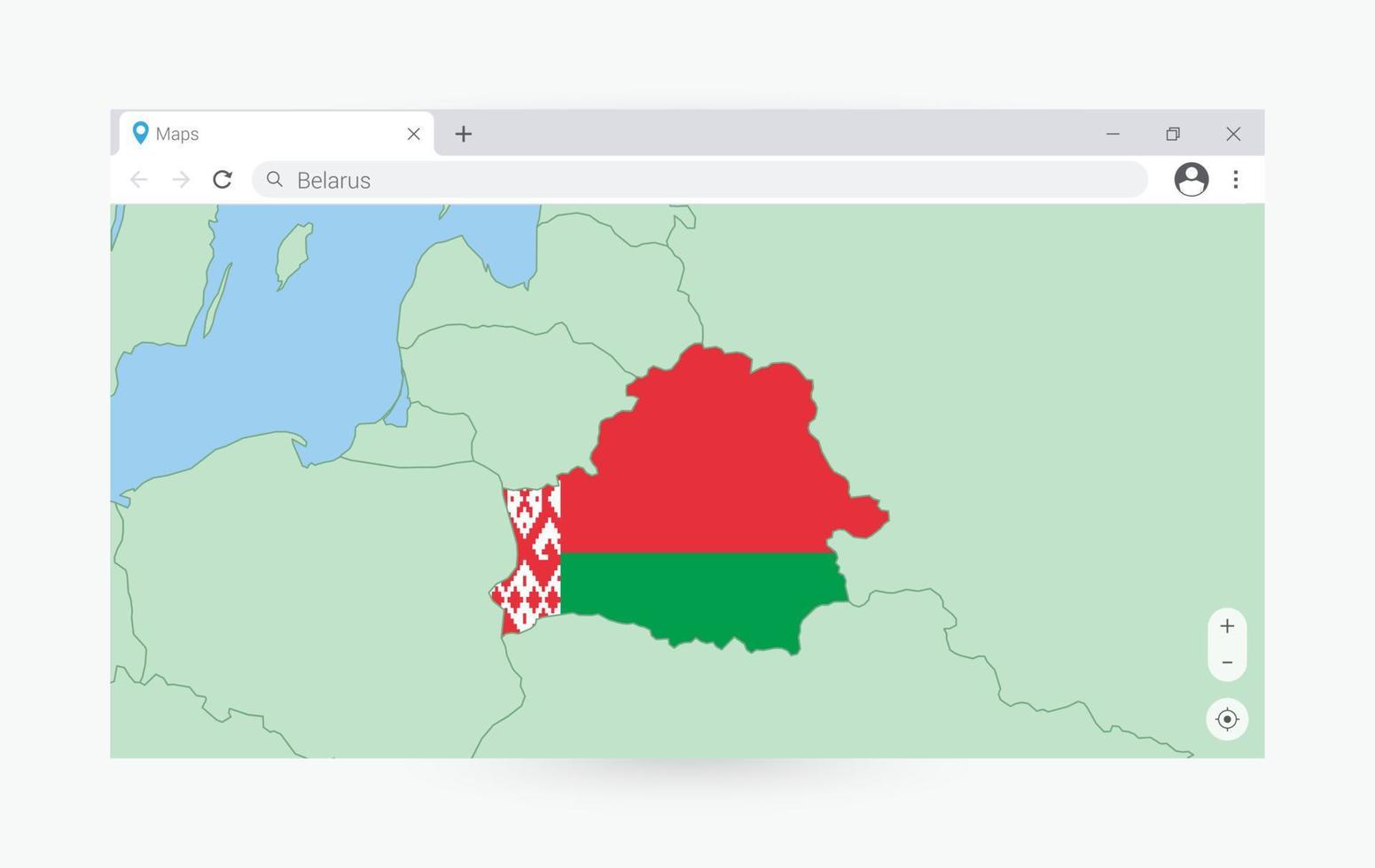 navegador ventana con mapa de bielorrusia, buscando bielorrusia en Internet. vector