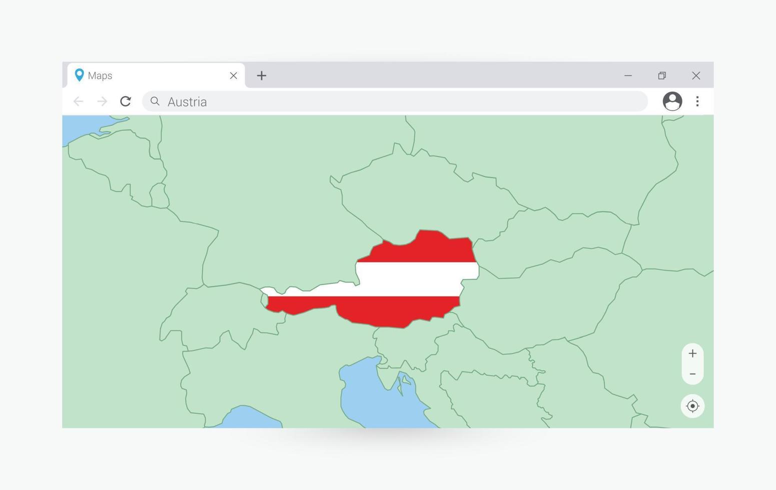 navegador ventana con mapa de Austria, buscando Austria en Internet. vector