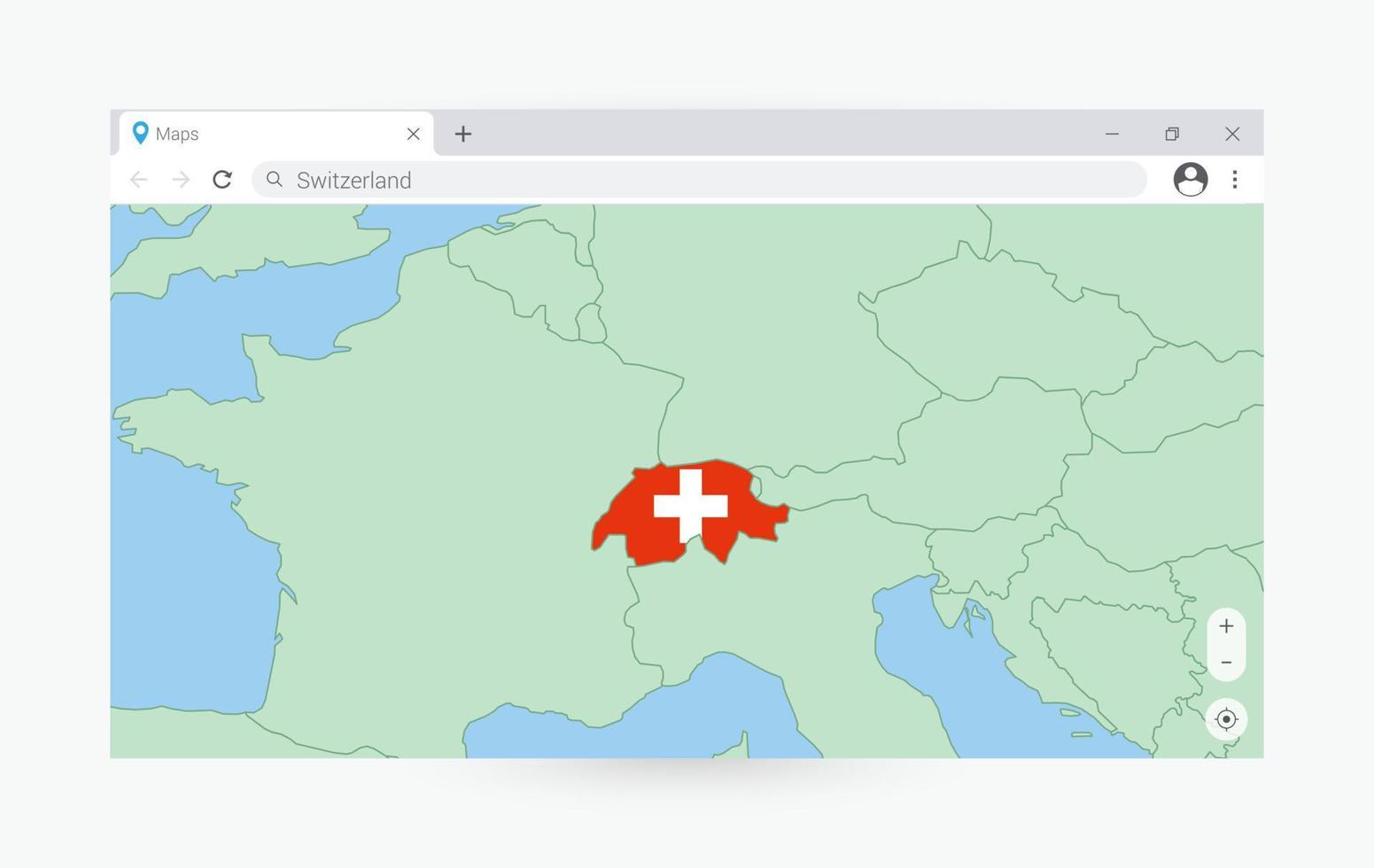 Browser window with map of Switzerland, searching  Switzerland in internet. vector