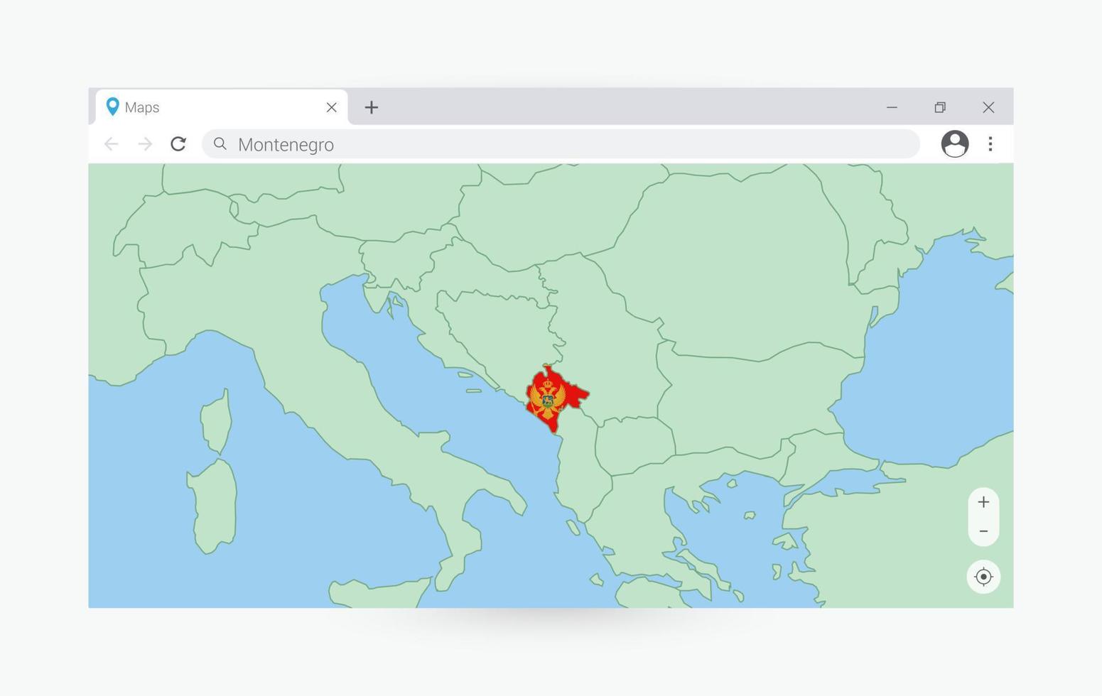 navegador ventana con mapa de montenegro, buscando montenegro en Internet. vector