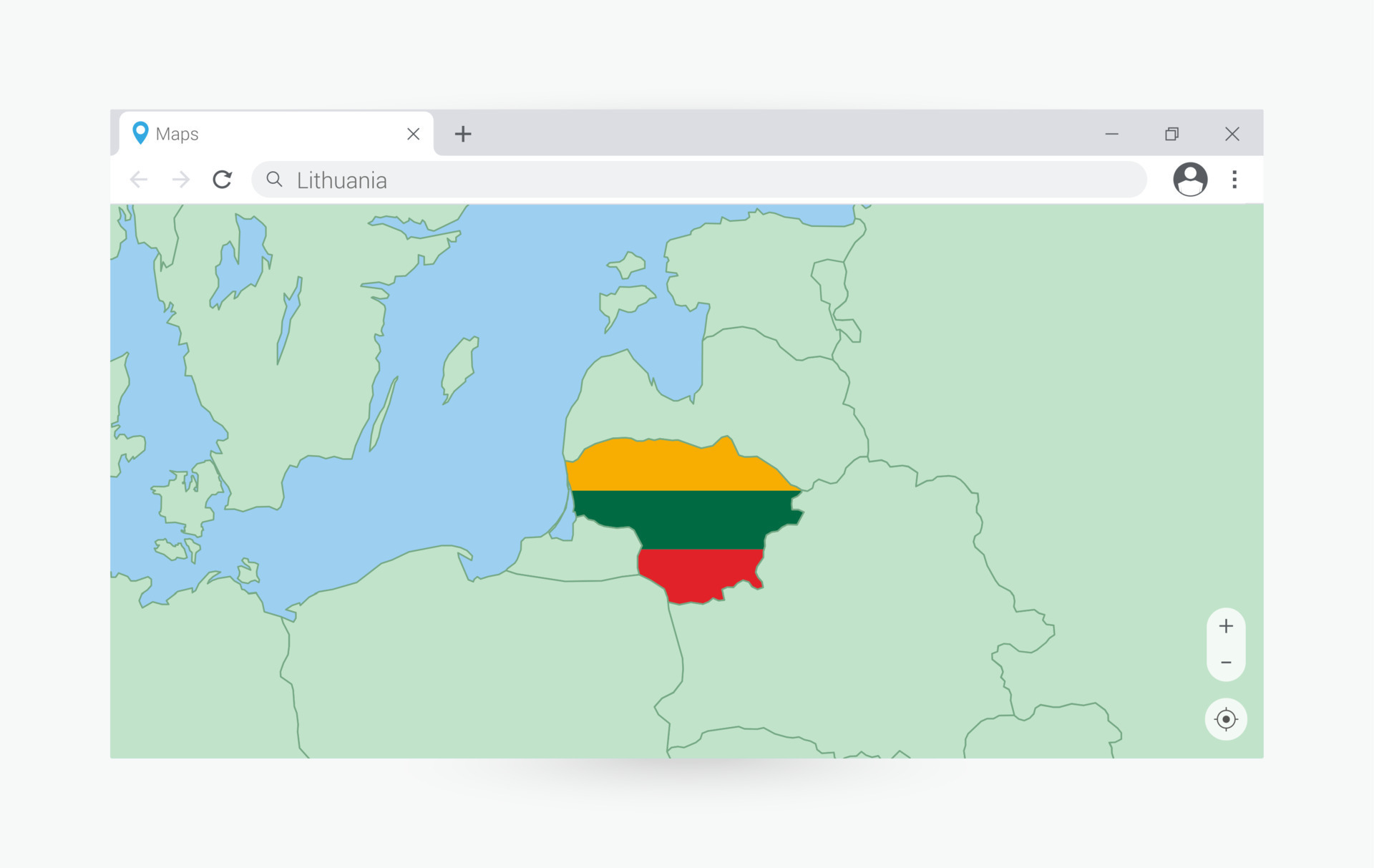 Browser window with map of Lithuania, searching Lithuania in