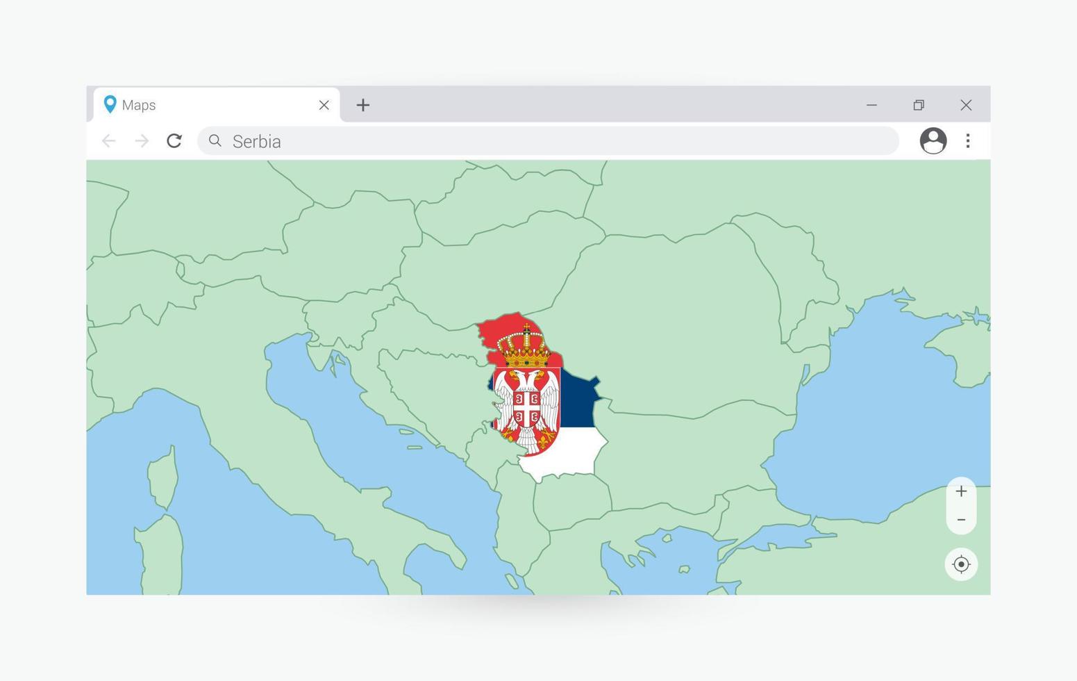 Browser window with map of Serbia, searching  Serbia in internet. vector