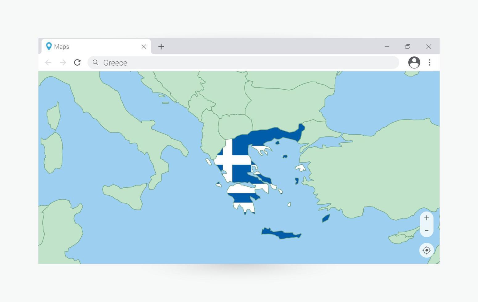 Browser window with map of Greece, searching  Greece in internet. vector