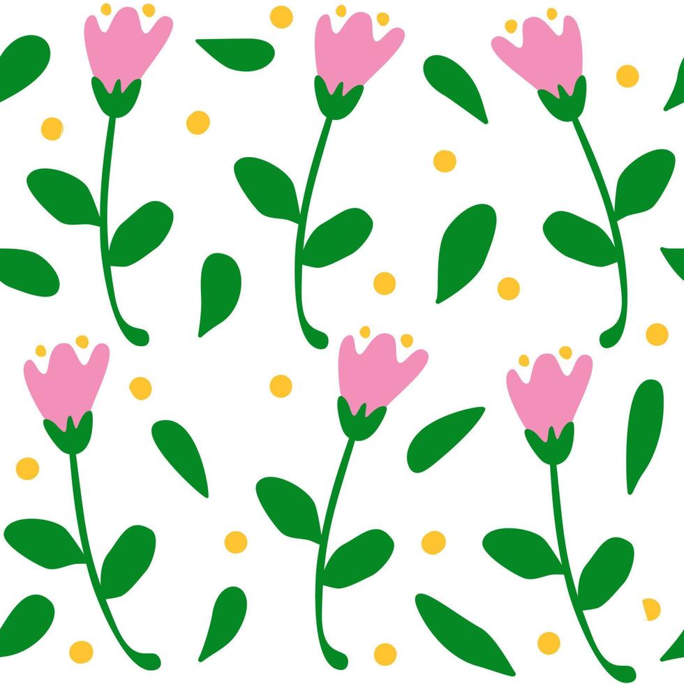 cute seamless vector pattern background illustration with pink abstract flowers, yellow dots and green leaves