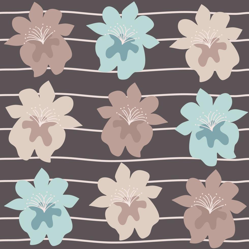 cute hand drawn abstract seamless vector pattern illustration with colorful flowers on striped brown background