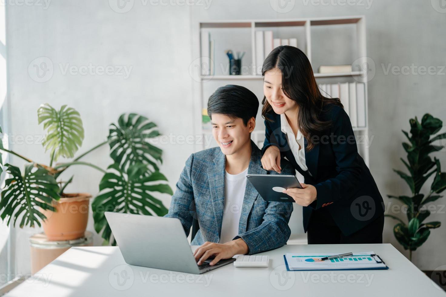 Portrait of success business people working together in home office. Couple teamwork startup concept photo