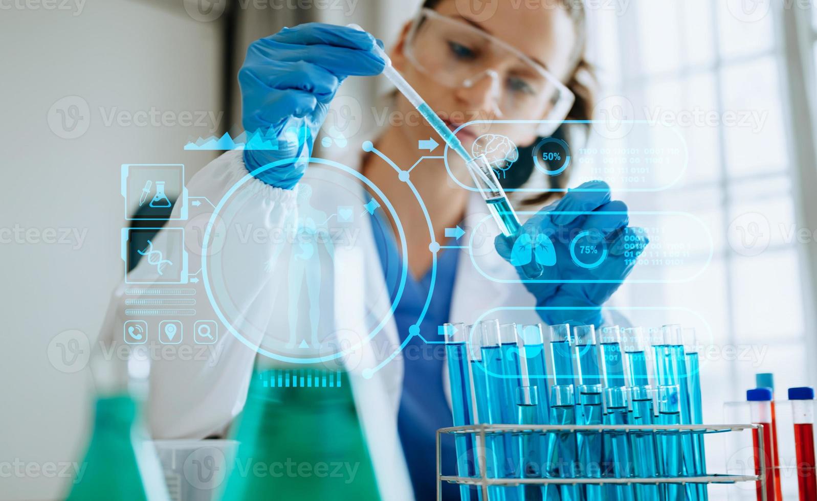 DNA molecule testing concepts. The doctor in a mask examines DNA molecules on the chemical laboratory with vr icon photo