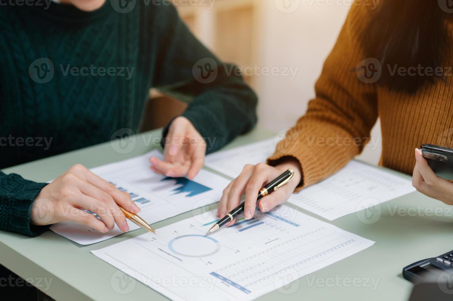 Business team collaboration discussing working analyzing with financial data and marketing growth report graph in team, presentation and digital tablet, laptop photo