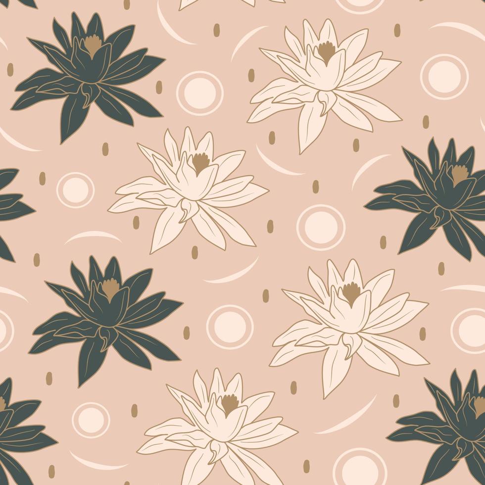 Elegant seamless vector patter illustration with  green and pink water lily flowers and geometric shapes on white background